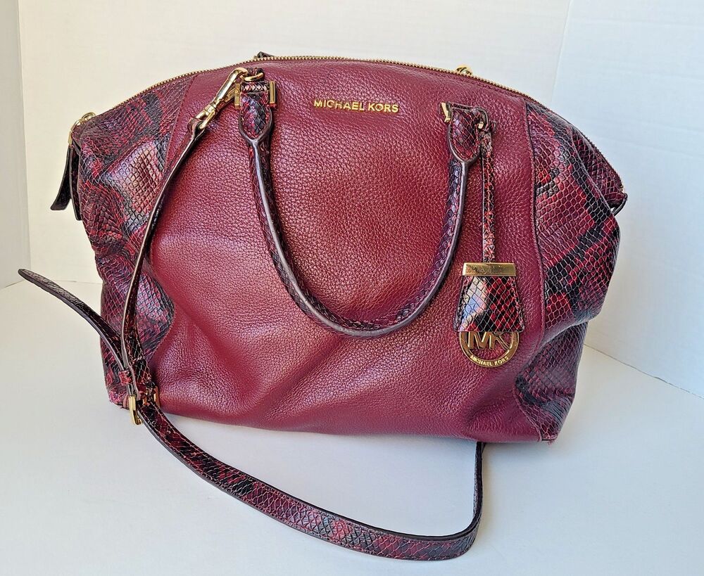 Michael Kors Burgundy Leather Python Embossed Satchel Shoulder Bag Purse Large - Picture 1 of 16